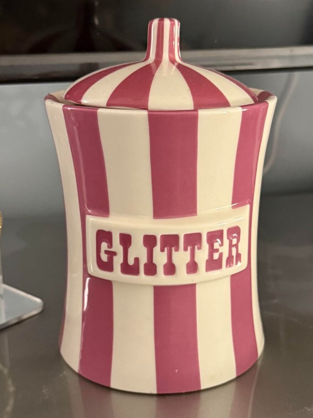 Jonathan Adler Glitter Ceramic Canister Jar Purple White Striped